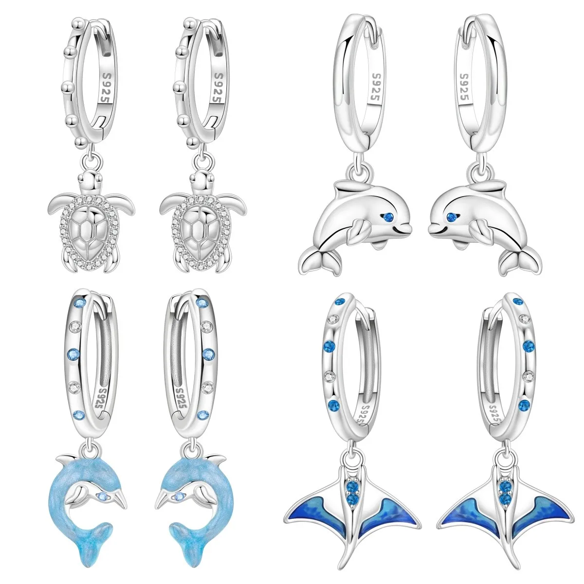 Orstarry S925 Sterling Silver Earring Exquisite Marine Life Blue Devil Fish, Dolphin, Turtle Earring For Women Birthday Gift