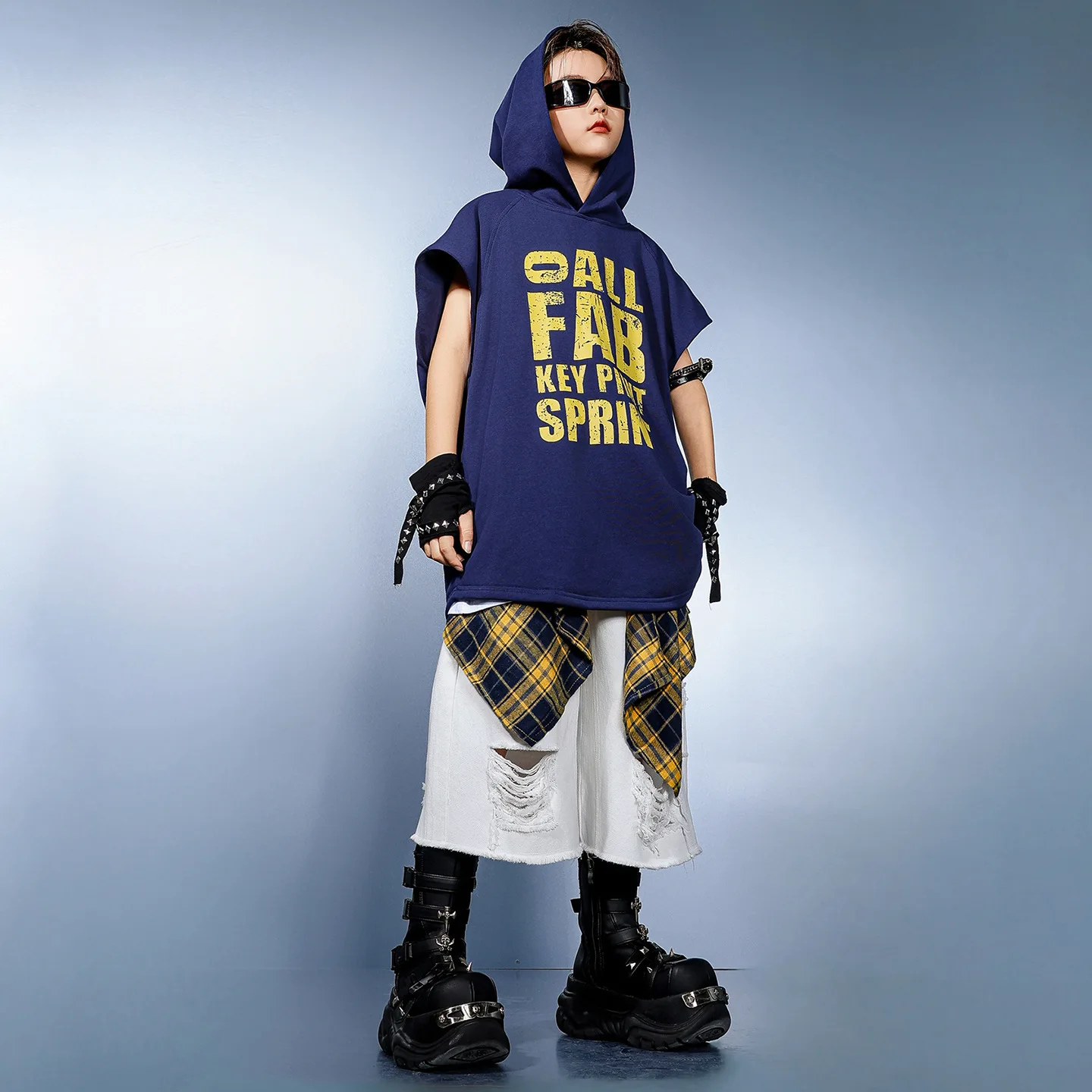 Kid Hip Hop Clothing Blue Hooded Vest Elastic Hem Top T Shirt White Distressed Shorts for Girl Boy Jazz Dance Costumes Clothes