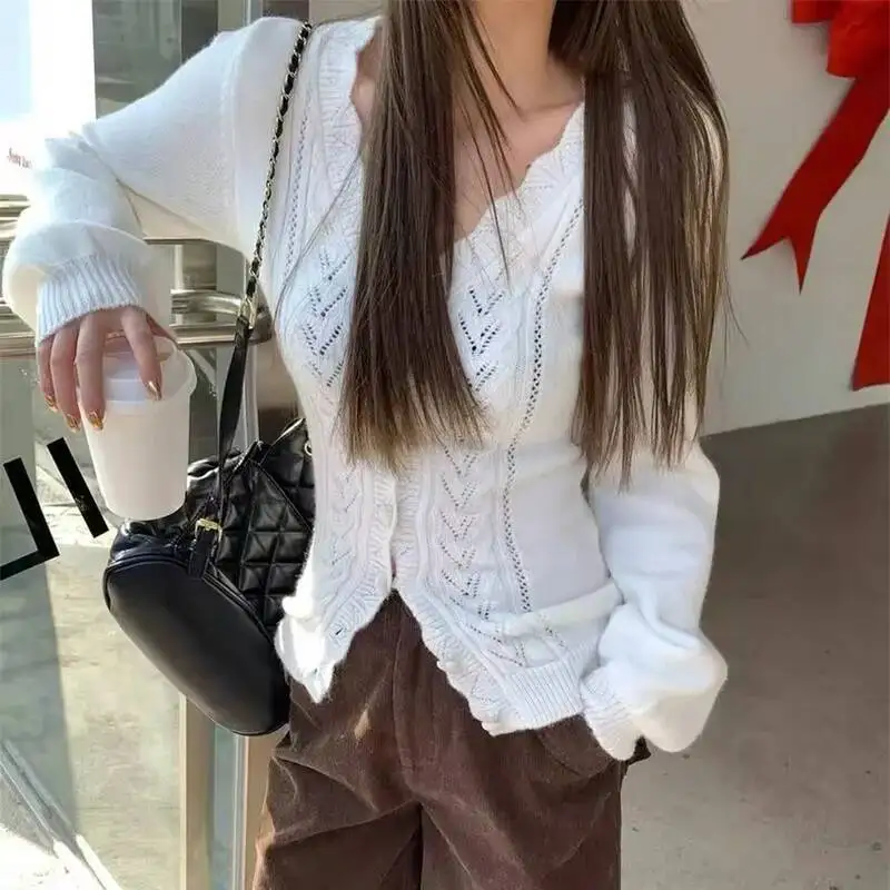 

Y K Vintage Hollow Out V Neck Knitted Cardigan Women Sexy Slimming Sweater Coat Autumn Korean Chic Single Breasted Knitwear Tops
