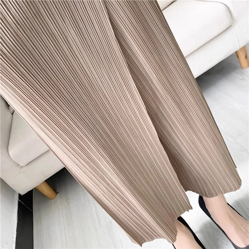 Miyake Style Women Pleated Solid Color Ankle-length Pants Elastic Waist Wide Leg Straight Female Trsouser Loose 2025 Summer