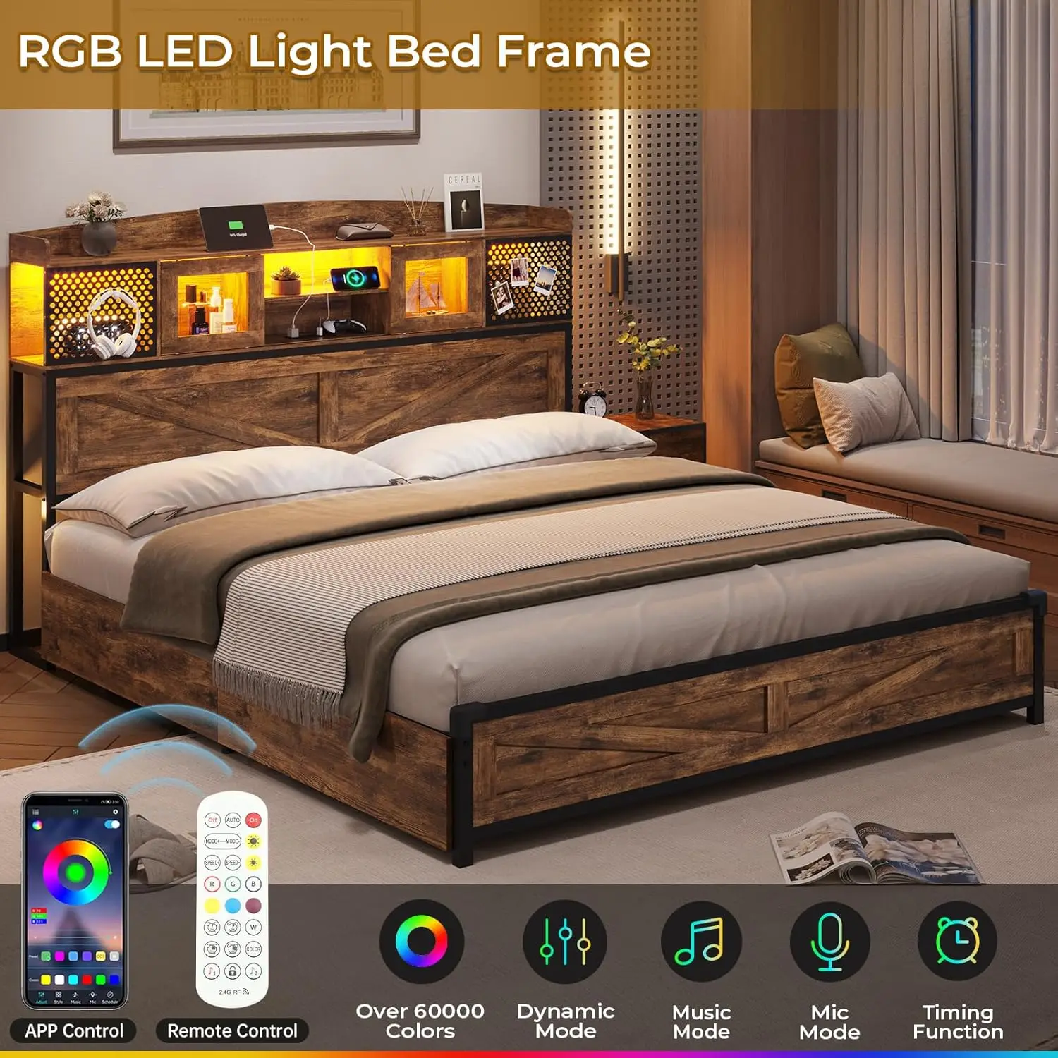 Queen Size Farmhouse Style Bed Frame with LED Lights Charging Station Rustic Brown Storage Headboard Sliding Doors Metal Steel image 3