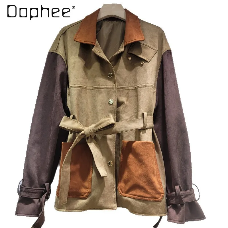 

Jacket American Retro Color Block Lapel Detachable Belt Loose Slimming Suede Workwear Jacket Women Coat and Jackets