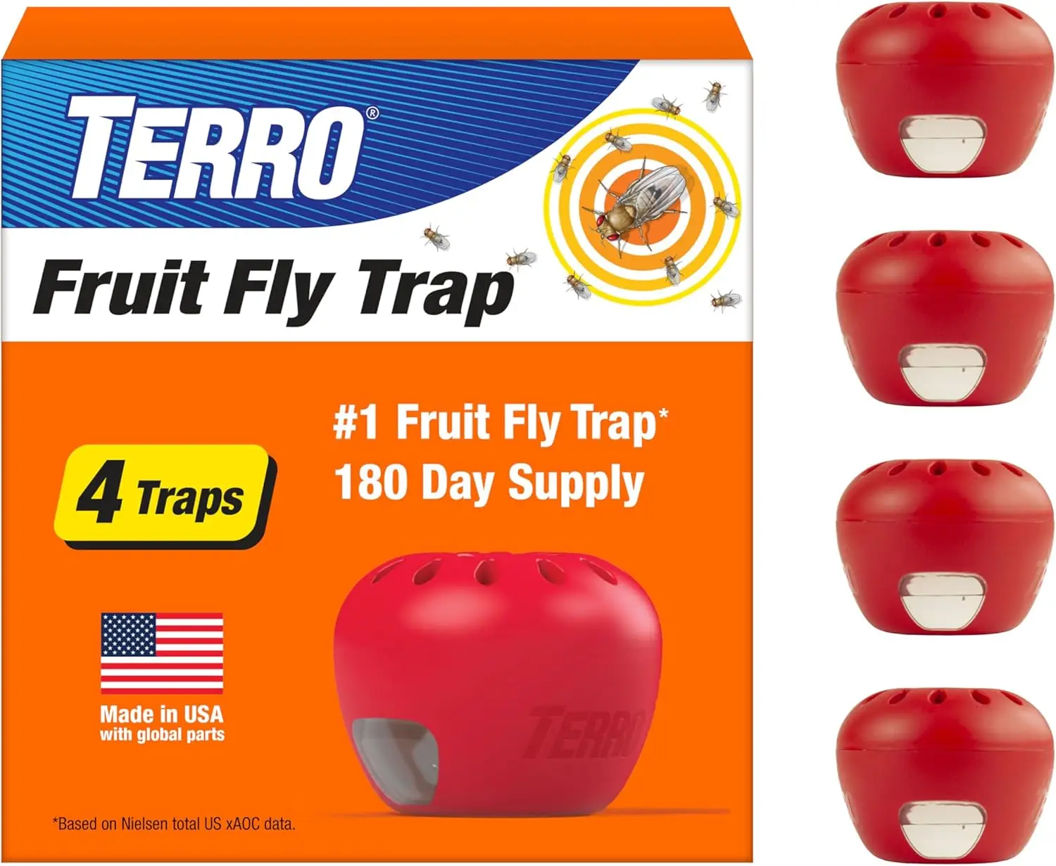 

Fruit Fly Traps for Indoors (4 Pack) + 180 Days Lure Supply - Kill Flies Near Fruit, Trash Cans - Ready to Use