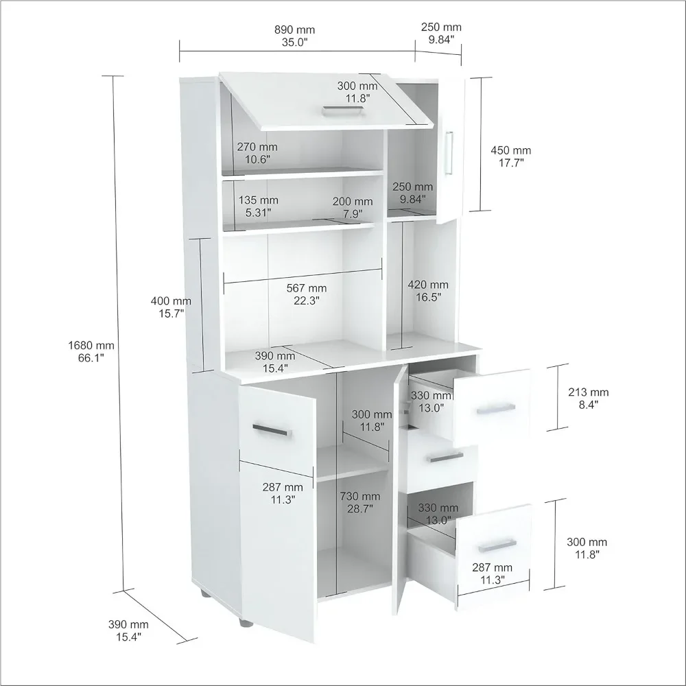 Armario de almacenamiento para microondas de 4 puertas, diseño moderno, antiincrustante, resistente al calor, resistente a los arañazos, 15,35X35,04X66,14, blanco