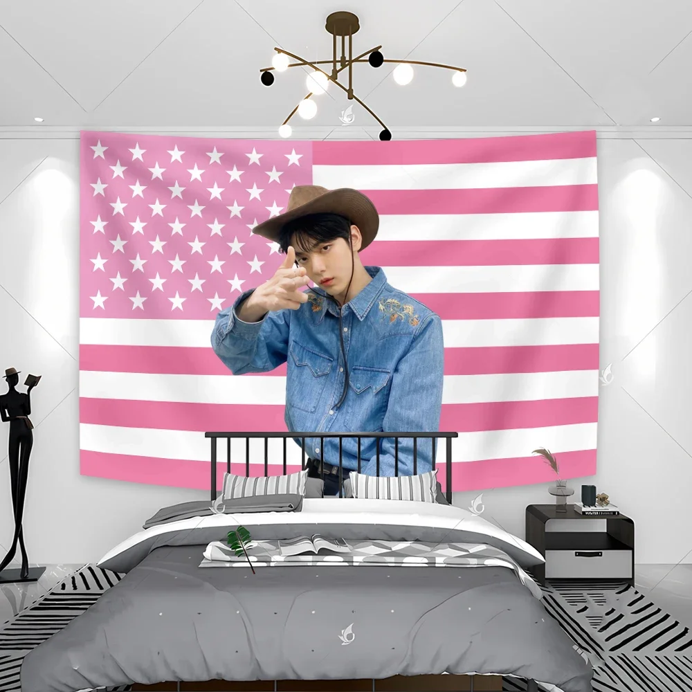 Korean boy band  America Flags Pink Tapestry Gift For Moa Soobin Kpop Fan Art Posters Living Room Background Decor Cloth