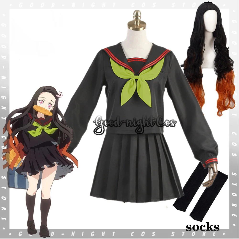 Anime Kamado Nezuko Cosplay Costume Wig Makomo Japanese School Uniforms Sailor Suit Women Outfit Kamado Nezuko Role play