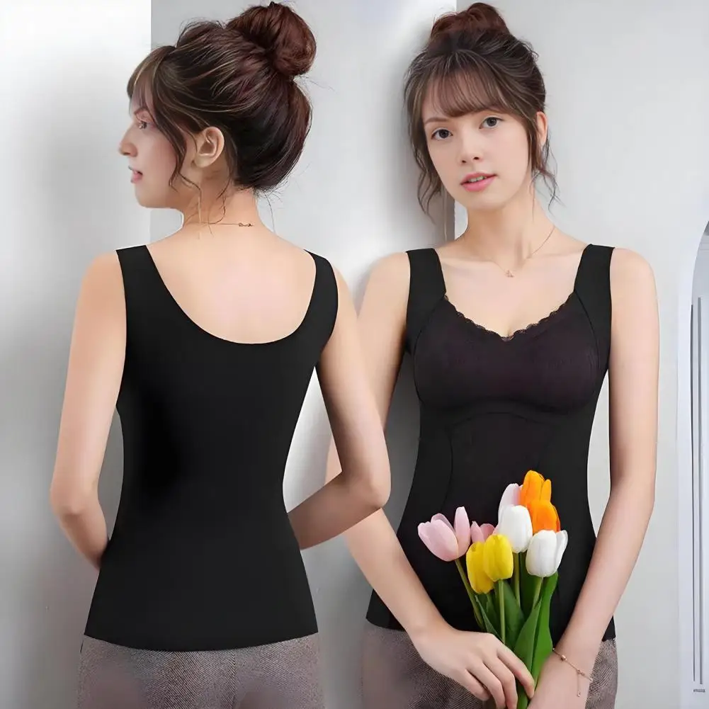 Women Thermal Top with Built-in Chest Pads Cup-cup Vest for Women Thermal Top for Women Fleece Lined Lace V Neck for Weather