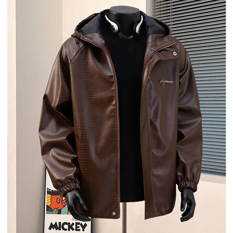 Spring and Autumn New Men's Casual Windbreaker with Cap Windproof Design PU Material Long Sleeve Men's Jacket in Three Colors