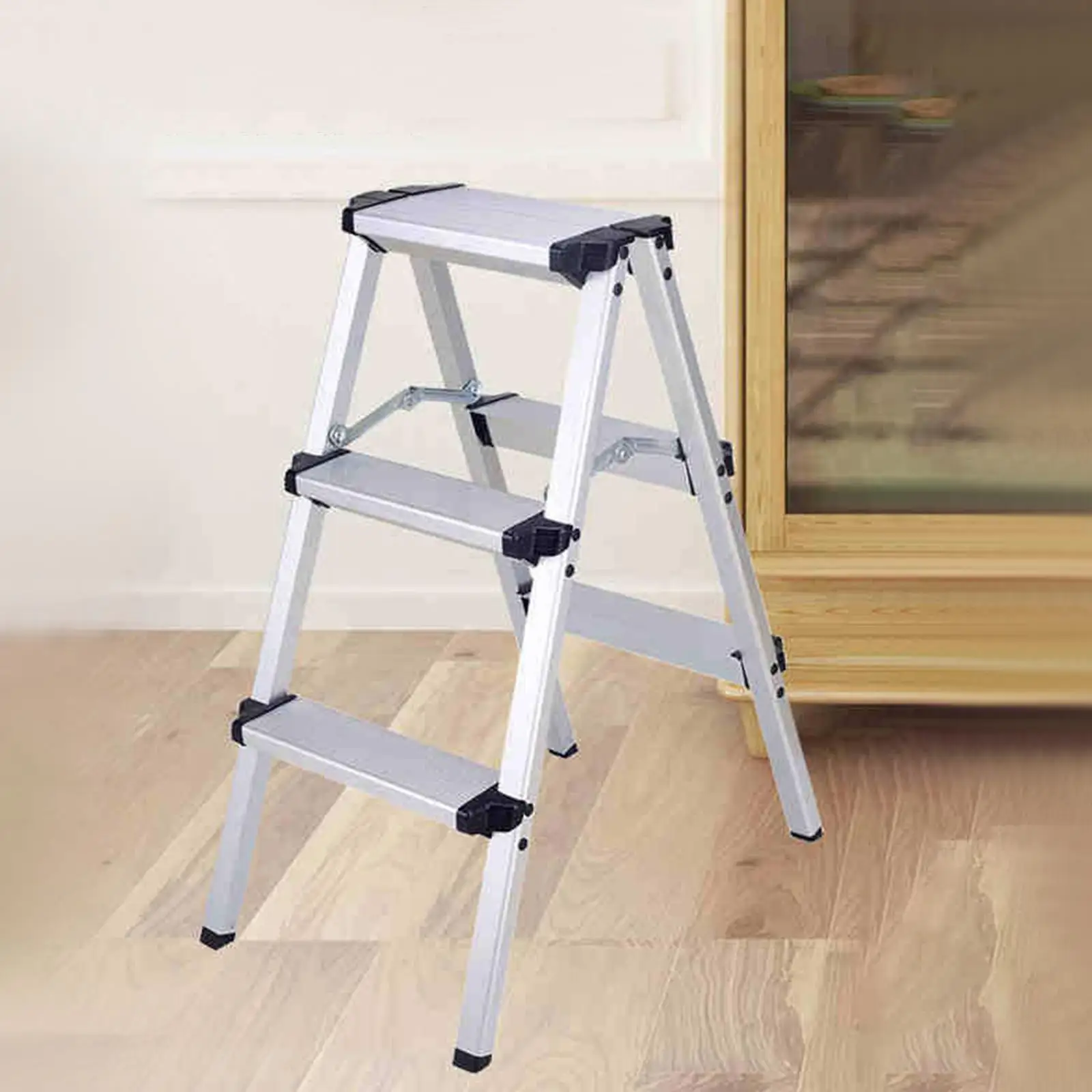 3 Step Herringbone Ladders Folding Step Stools Storage Shelf Rack Sturdy Aluminum Alloy Ladders for Pantry Garage Household