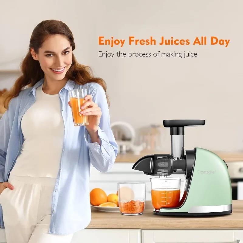 Slow Juicer,AMZCHEF Masticating Juicer Machines with Reverse Function, Cold Press Juicer with Brush, Recipes for Nutrient Fruits