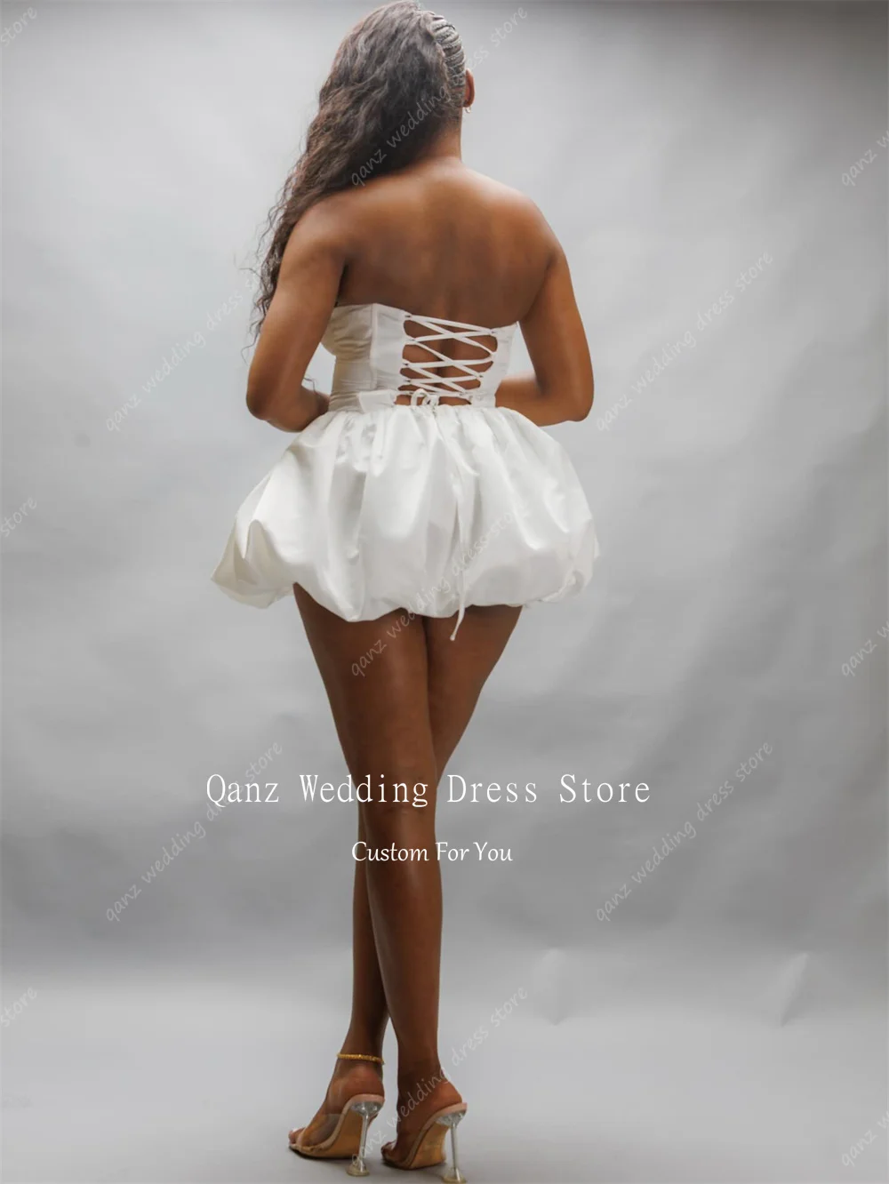 Qanz Mini Wedding Dresses Strapless 3D Flowers Fluffy Short Bubble Skirt Vestidos De Novia White Satin Bridal Gowns Customized