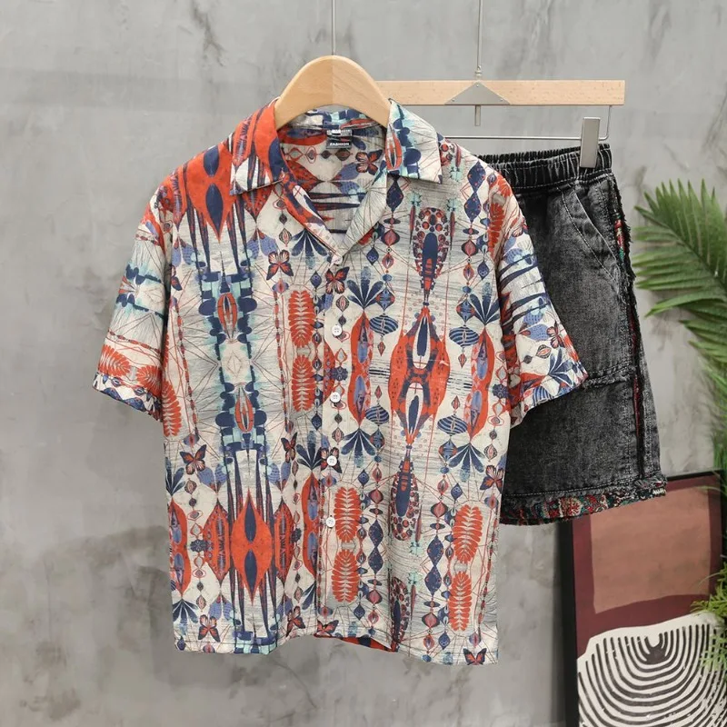 

Men's Ethnic Print Hawaiian Shirt Cuban Collar Short Sleeve Casual Summer Beach Blouse