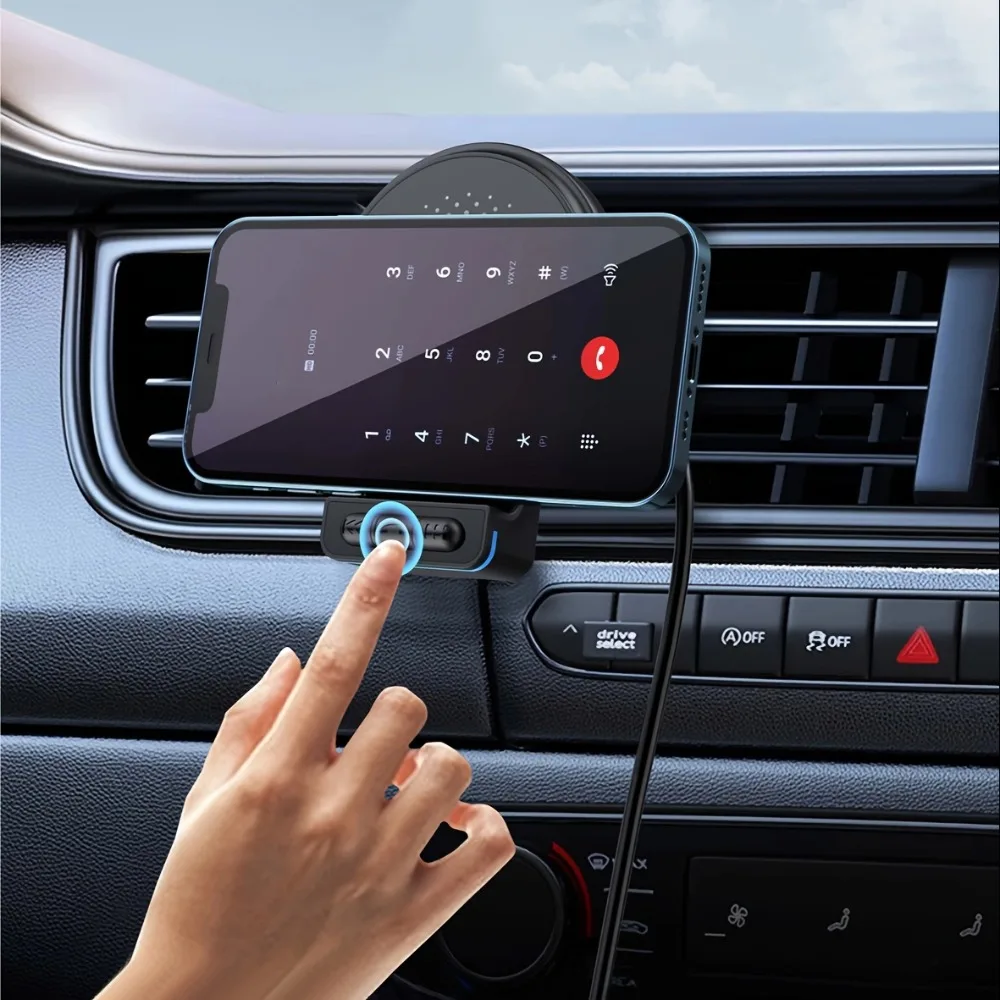 Car Cell Phone Holder With BT 5.3 Hands-Free Calling 3.5mm AUX Output Car Wireless Charger Cable Blue Ambient Lighting