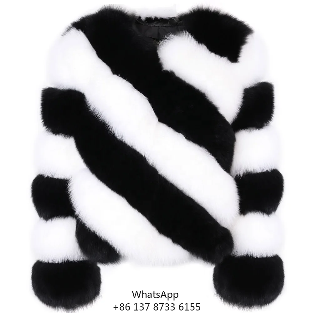 Natural Fur Coat Black And White Striped Fox Fur Jacket Elegant Ladies Fur Coat Outerwear