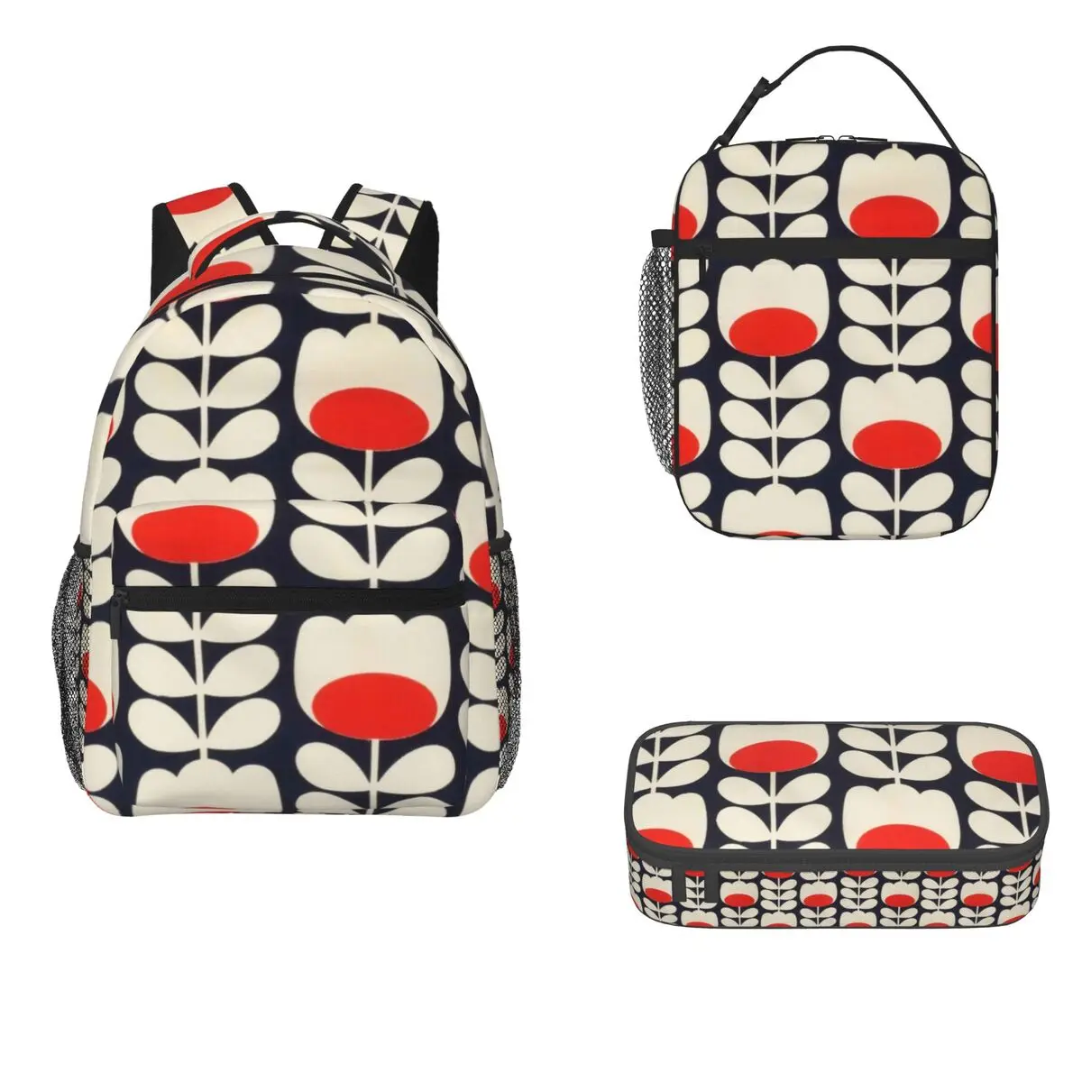 Orla Kiely, Multi Stem Flowers, Red,white Backpacks Bookbag Students School Bags Kids Rucksack Lunch Bag Pen Bag Three-Piece Set