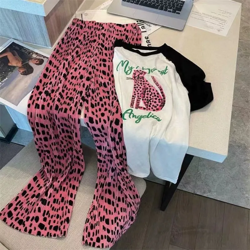 Sweet Pink Leopard Print Wide-leg Pants Pleated Straight-leg Pants Women Elastic High-waisted Sweatpants Loose Casual Trousers