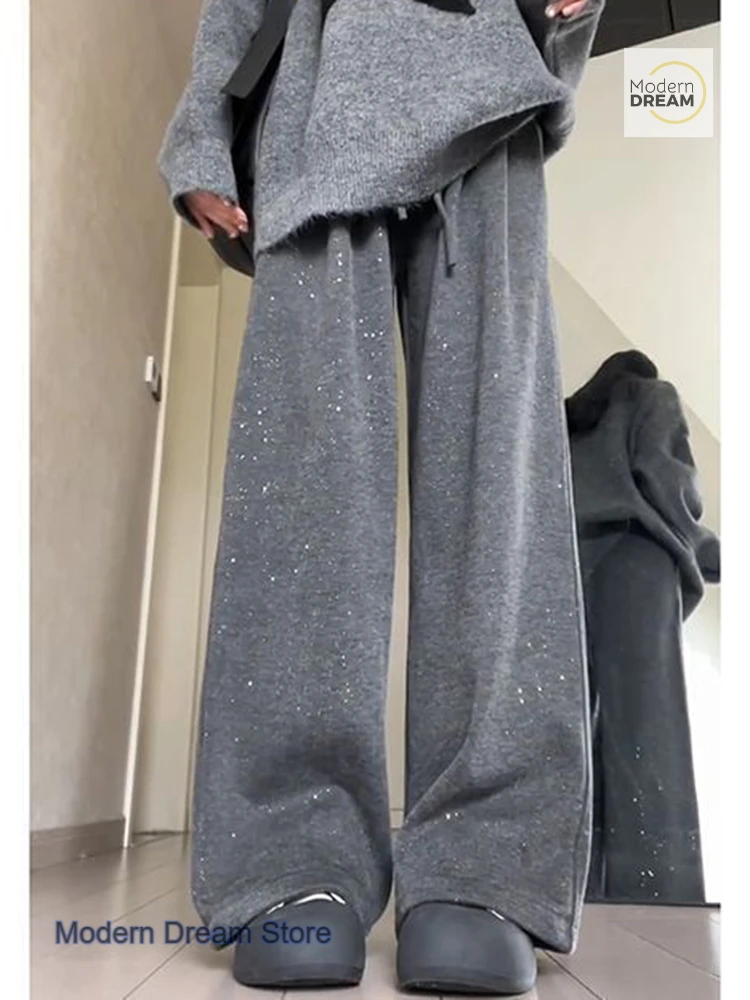 Korean style grey rhinestone glutinous rice pants women's spring and autumn new shiny design sense small casual wide-leg pants.
