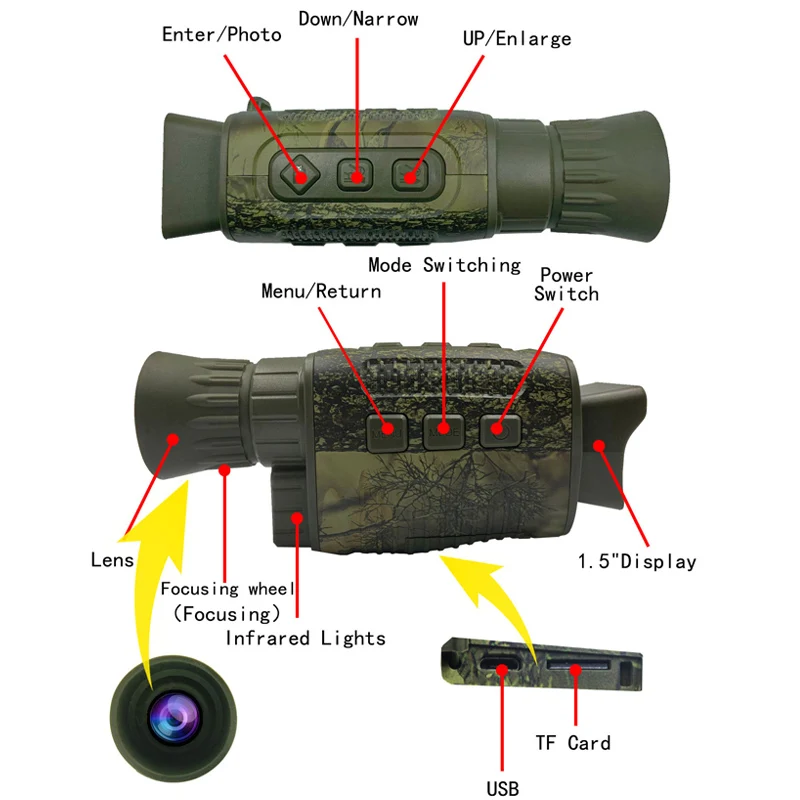 NV1000 Night Vision Device 4K Infrared Optical Night Vision Monocular Device 9 Languages 5X Digital Zoom Photo Video Playback