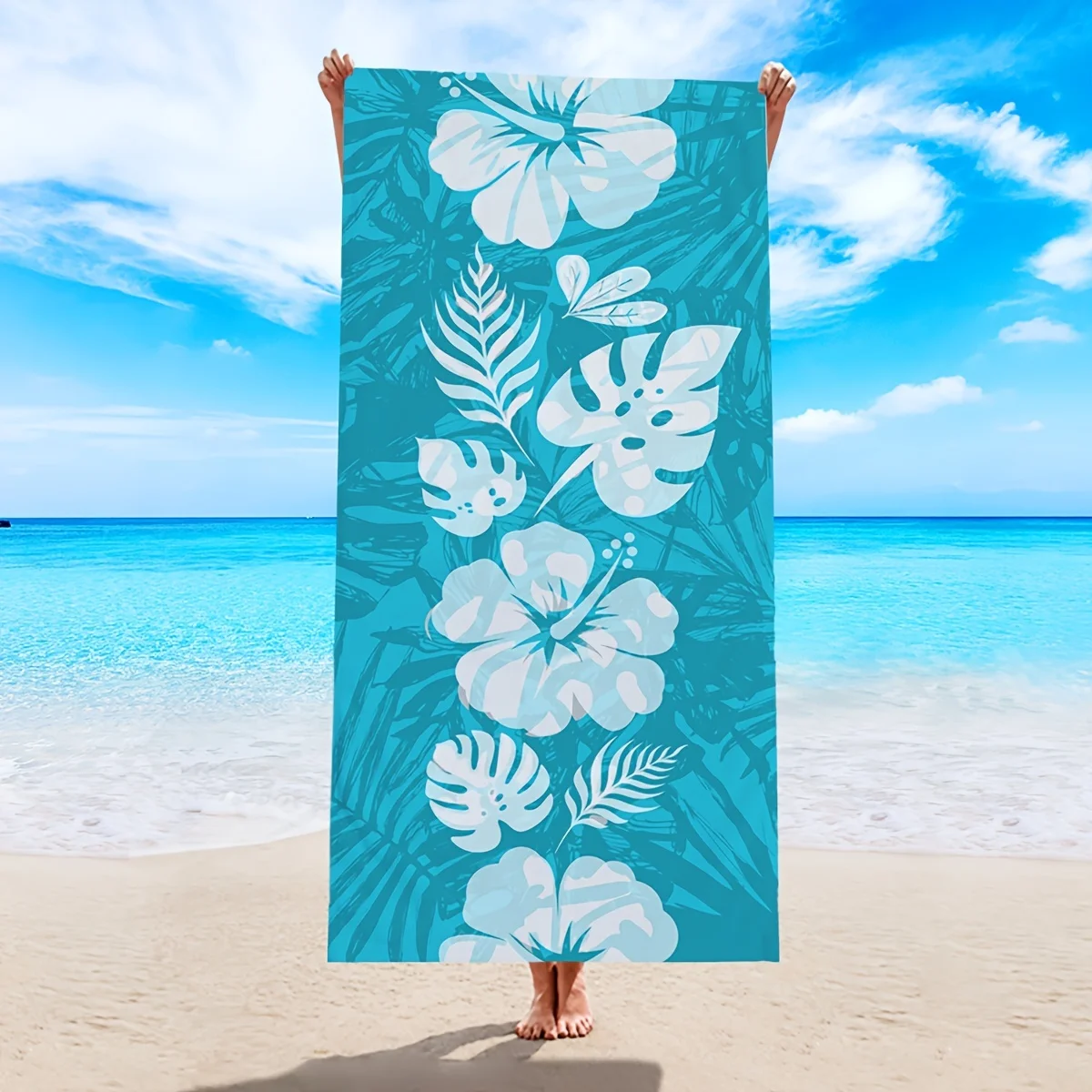 

1pc Microfiber Beach Towel - Blue Leaves Print, Soft & Quick Drying, High Absorption