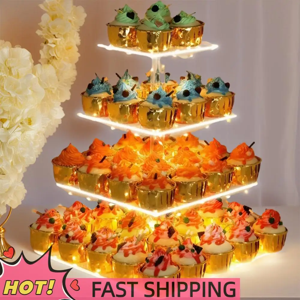 

3/4 Tier Acrylic Cupcake Display Stand with LED Light Cupcake Tower Stand Multifunctional Square Display Stand for Celebration
