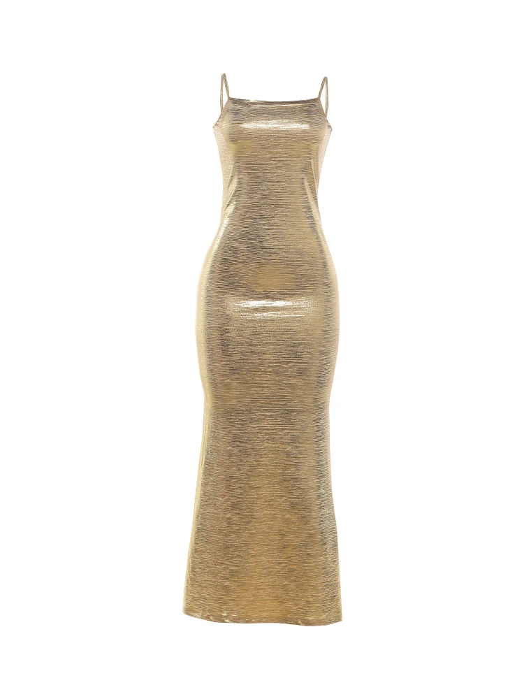 Kliou Sexy Goldenes Trägerkleid für Damen, tief ausgeschnitten, rückenfrei, ärmellos, hohe Taille, elegantes, figurbetontes langes Abendkleid für Mitternachts-Clubpartys – Detail 2