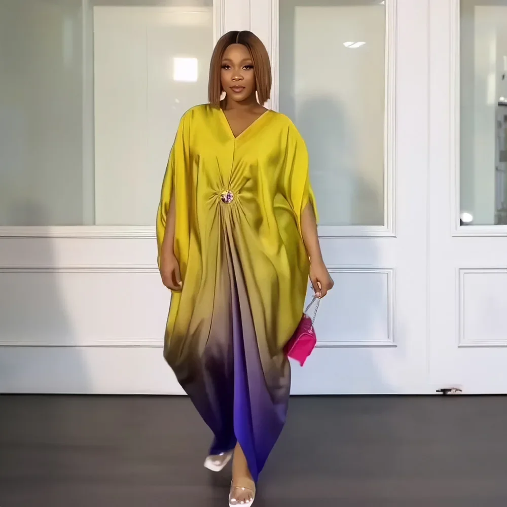 African Fashion Loose Robe Rayon Fabric Bat-Sleeve V-Neck Dress African Evening Dress Satin Dashiki for Women 2025 Summer Dress image 3