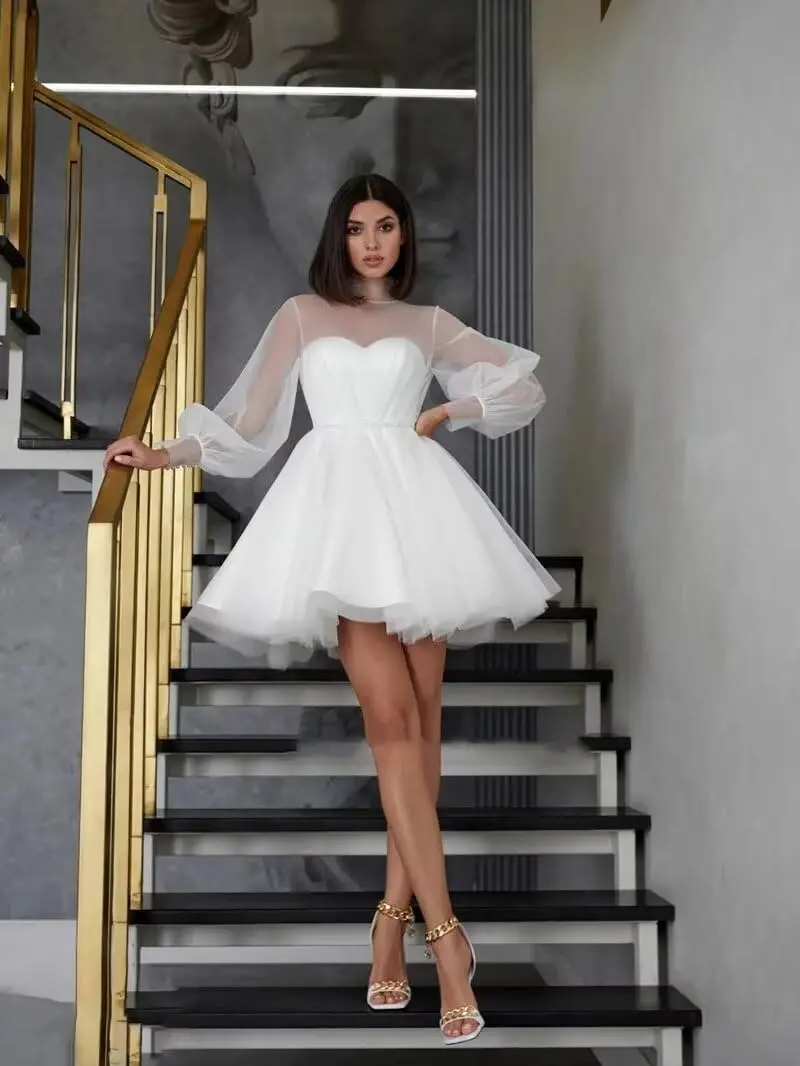 

Tulle Short Summer Wedding Dress Plus Size O Neck Bridal Gowns White Bodycon Women's Novelty Dresses for Sleeves
