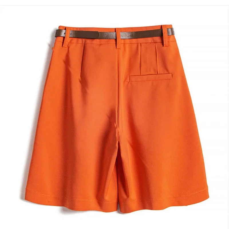 Women's Summer Shorts Casual High Waist Short Pants Female Solid Color Orange Button Fly Loose Bermuda Shorts for Women