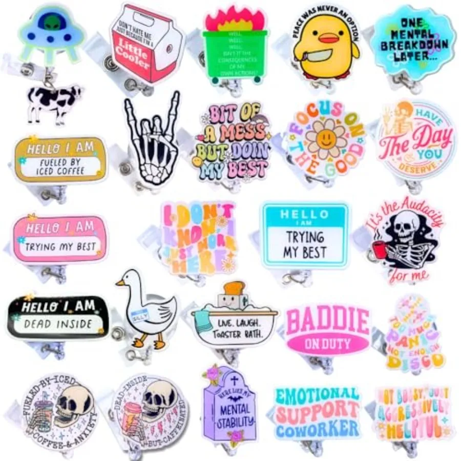 

24PC Funny Cute Badge Reel Bulk Clip Holder Retractable Fun Cool ID Badges Reels Pack for Nurse Week Nurses Nursing Office Stud
