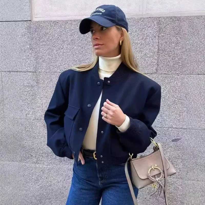 

Women Fashion with Pockets Bomber Jacket Coat Vintage Long Sleeve Front Button Female Outerwear Chic Tops