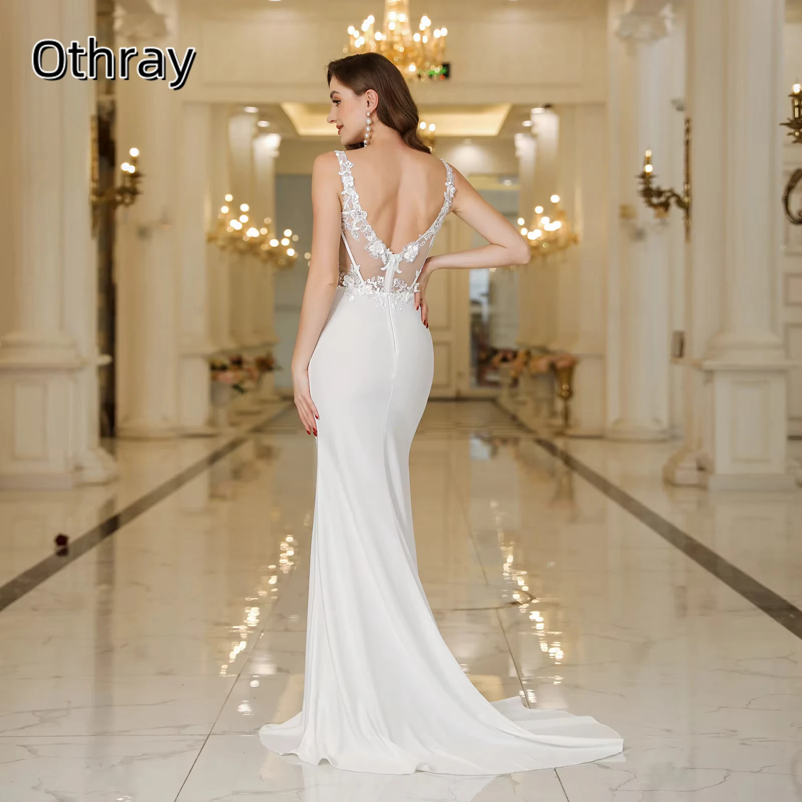 Othray Elegant Mermaid Wedding Dress Lace Backless V Neck Sleeveless Sweep Train Wedding Formal Party Gowns Long Vestido Marrie