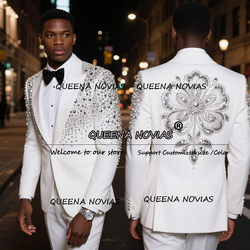 

Customized Flowers Beaded Tuxedos Men Suits For Wedding Prom Groom 2 Pieces Sets Prom Blazers Male trajes elegante para hombres
