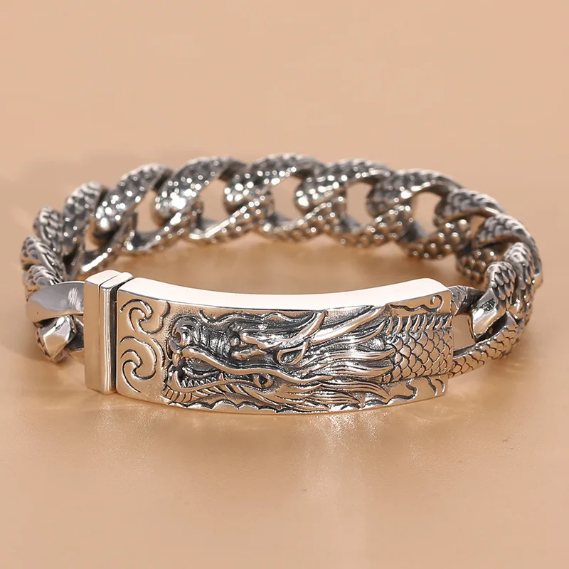 S925 Thai silver retro ethnic style long board faucet Chinese style bracelet men's domineering fashion National fashion ornament