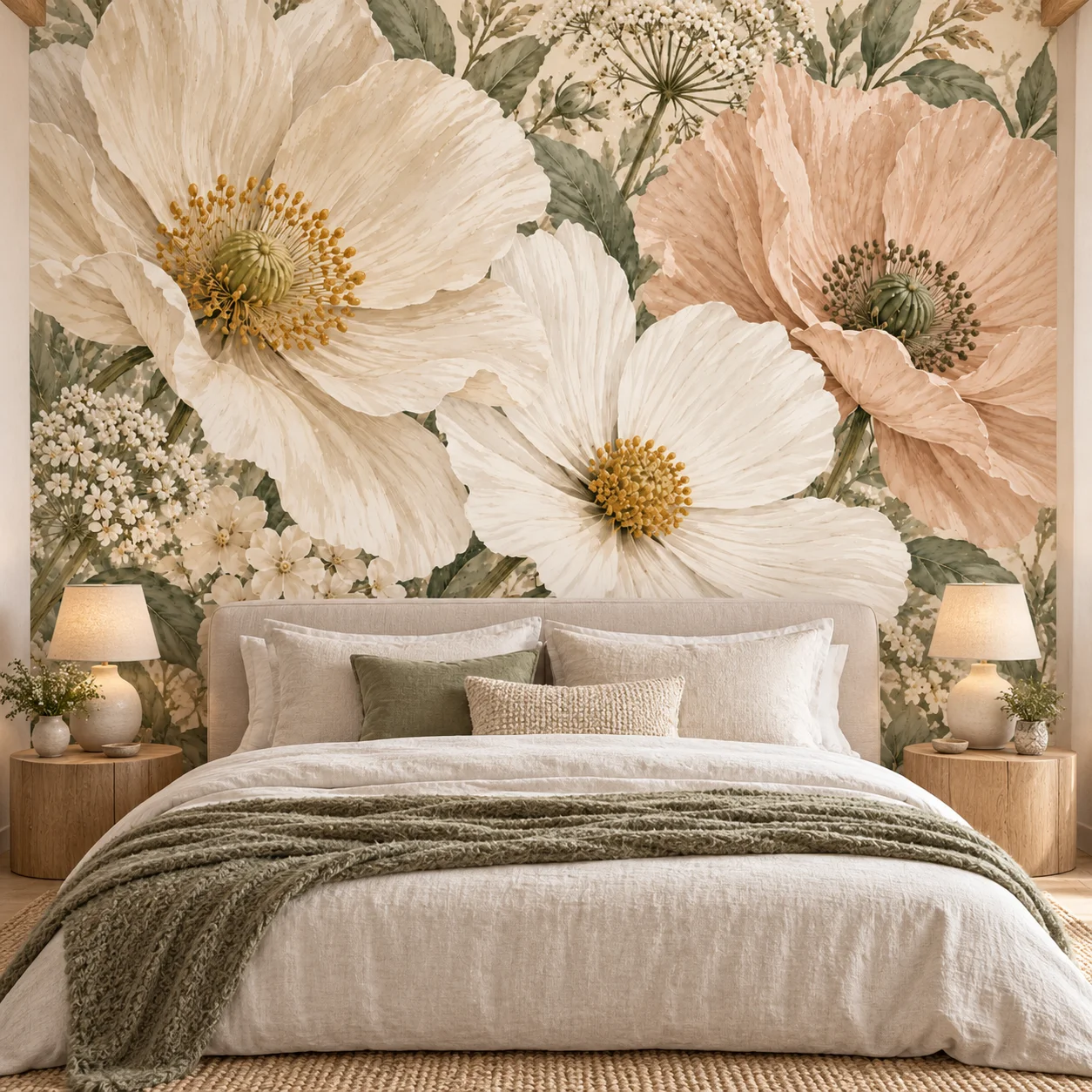 Floral Wall Mural Oversized Cream Poppy Flowers Vintage Botanical Wallpaper for Living Room Bedroom Wall Decor Non Self Adhesive