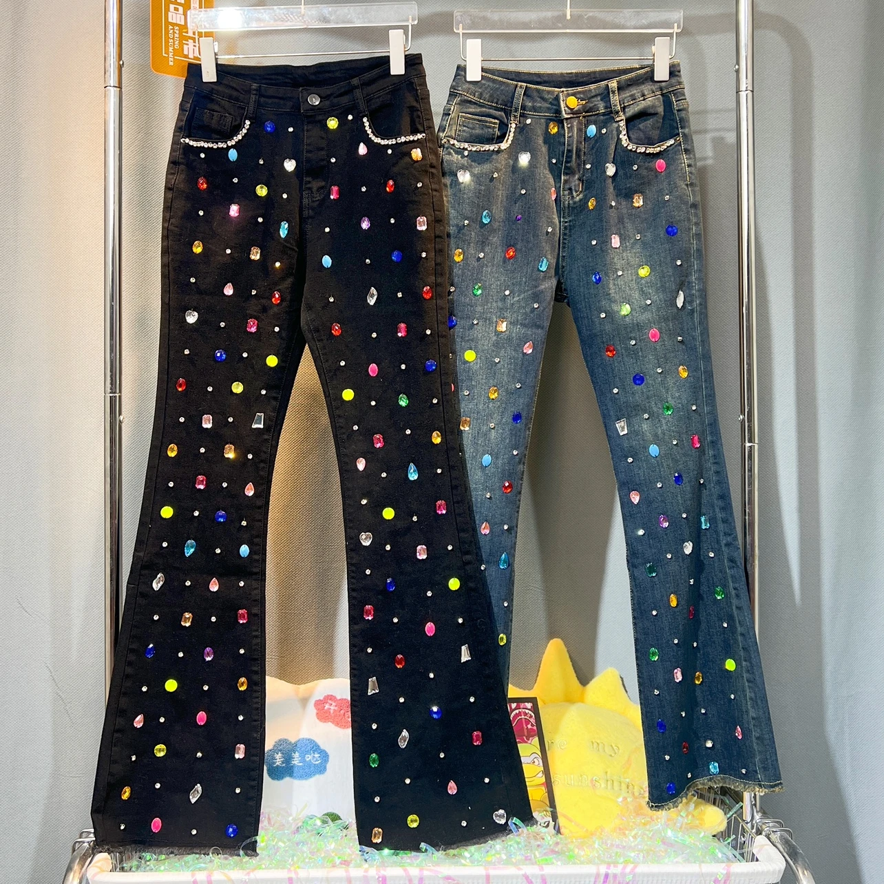 

Luxury Women Rhinestones Beaded Denim Pants Autumn Winter Bell-Bottom Diamonds Jeans Trousers High Waist Elastic Cowboy Pants