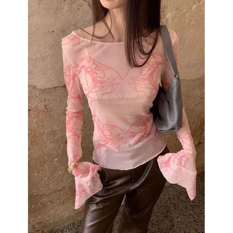 New Niche Pink Long-Sleeved Shoulder Polyester T-Shirt Women's Design Niche Mesh Short Top Pullover T Shirts Damen Vestiti Donna