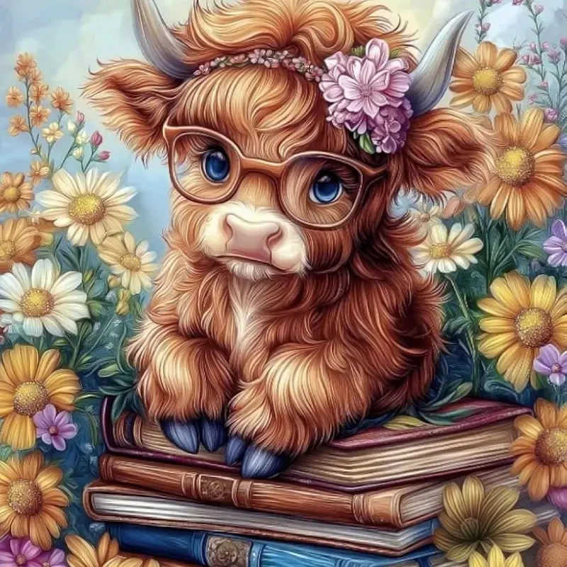 5D DIY Diamond Painting Kit Cute Highland Cow With Glasses On Books Floral Full Drill Handmade Wall Art Home Decor Gift