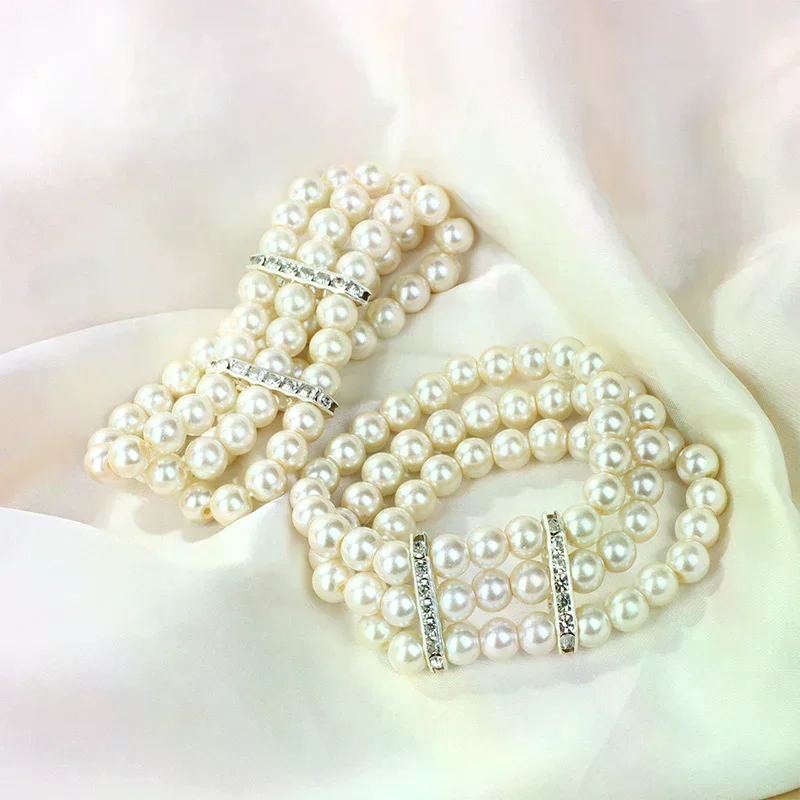 3 Rows Pearl Rhinestone Bracelet Elasticity Bracelet Simulated Pearl Multilayer Beaded Bangles Women Jewelry Gift