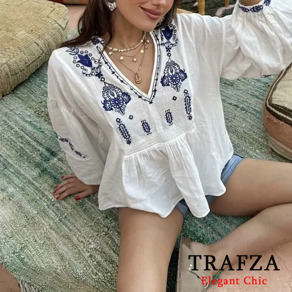 TRAFZA Casual Luxury Beaded Embroidery Shirt Women\'s V-neck Loose Elegant Tops New 2024 Spring Fasion Vacation Shirts