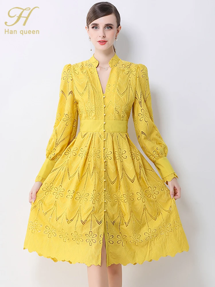 فستان دانتيل ربيعي للنساء من H Han Queen بفتحة رقبة على شكل حرف V وأكمام واسعة وصدر واحد وخصر عالٍ فساتين حفلات كلاسيكية على شكل حرف a