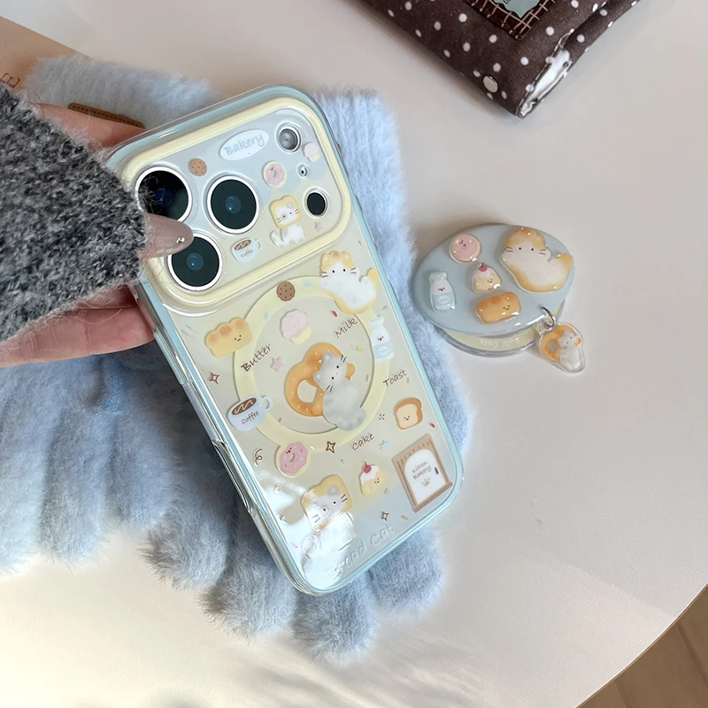 Kawaii Cartoon Bread Cat Magnetic Phone Case For iPhone 17 Pro 15 14 16 Pro Max Cover with Magsafe Stand Holder Cute Cases Funda view 2