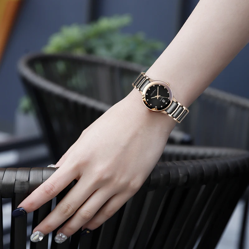 Часы Oupai, женские черные керамические японские кварцевые часы, модный простой календарь со шкалой со стразами