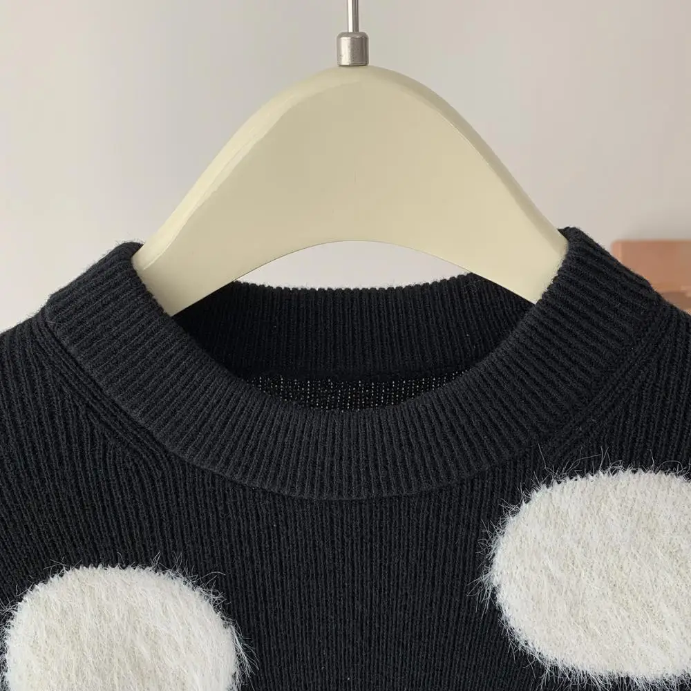 White Dot Wool Blend Polka Dot Knitted Black Sweater Pullovers Designer Brand Fashion Casual O-Neck Jumper 2024 Spring New