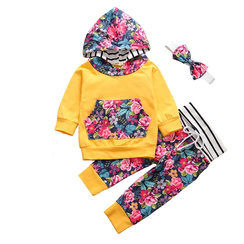 Newborn Baby Girl Clothes Set Autumn Winter Flower Print Baby Outfit Long Sleeve Hooded Tops Pants Headband Infant Clothing Suit