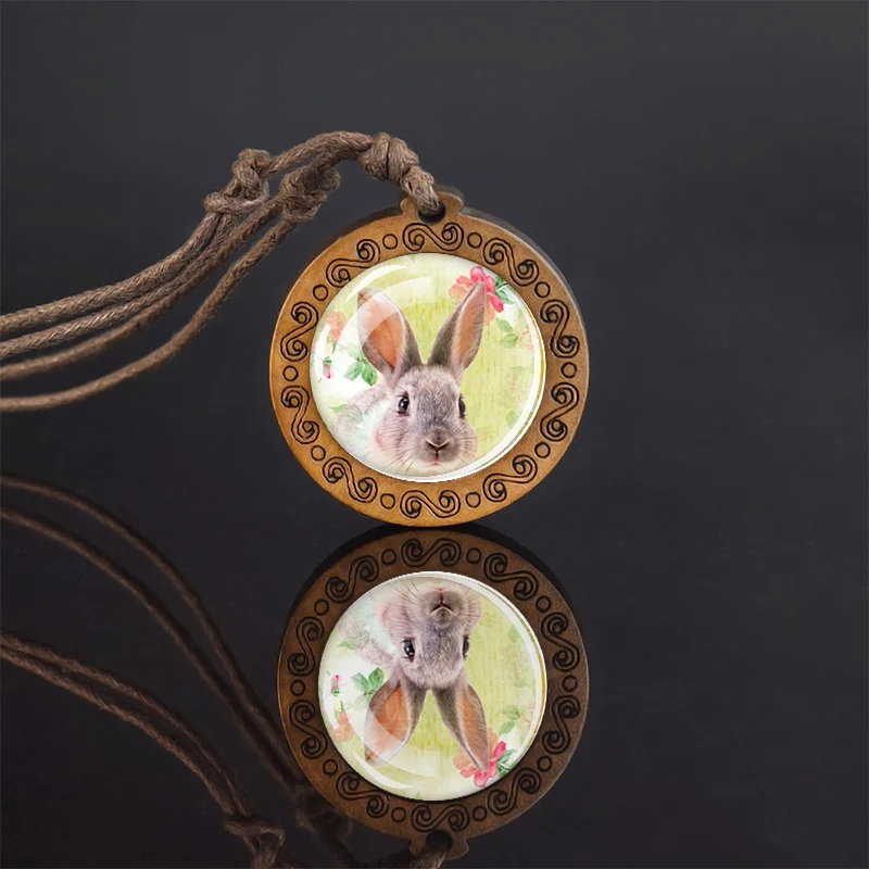 New Fashion Rabbit Necklace Cute Art Glass Pendant Rope Chain Wooden Necklace Bunny Animails Charm Jewelry Gifts