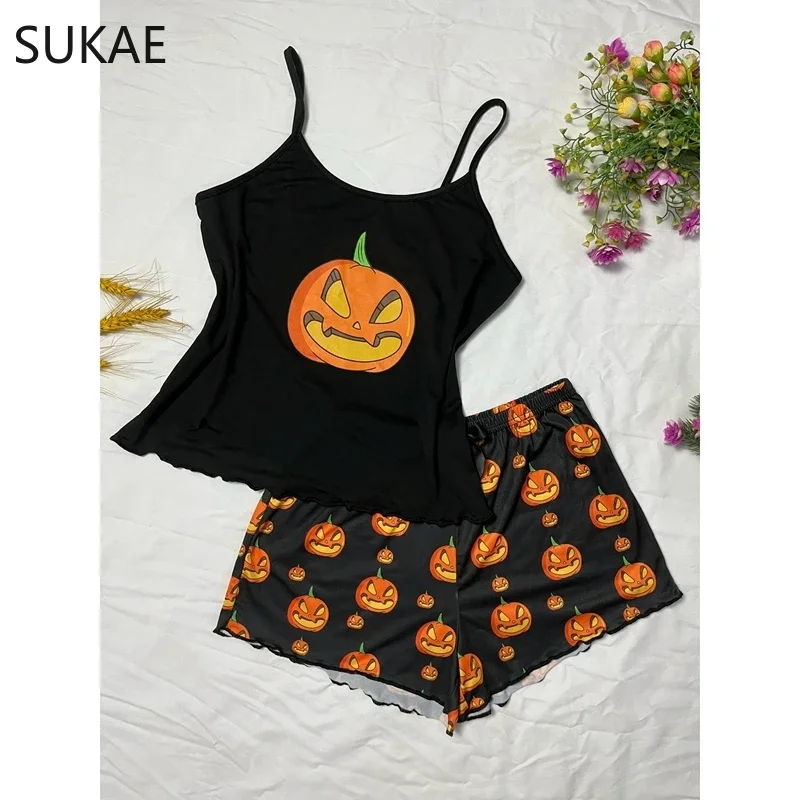 SUKAE HOT Halloween Prumpkin Nightie Spaghetti Strap Pajamas Set Women Tank Top Shorts Girl Sexy Lingerie Sleeveless Pijamas