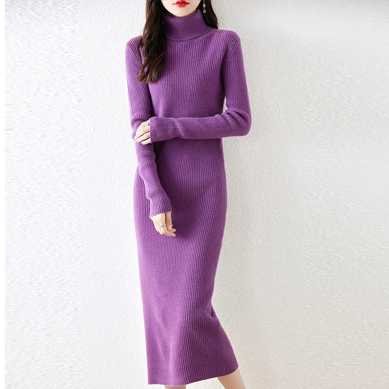 Autumn Winter New Dress Women\'s High Polo Collar Pullover 100 Pure Wool Slim Fit Long Solid Color Temperament Knitted Wool Dress