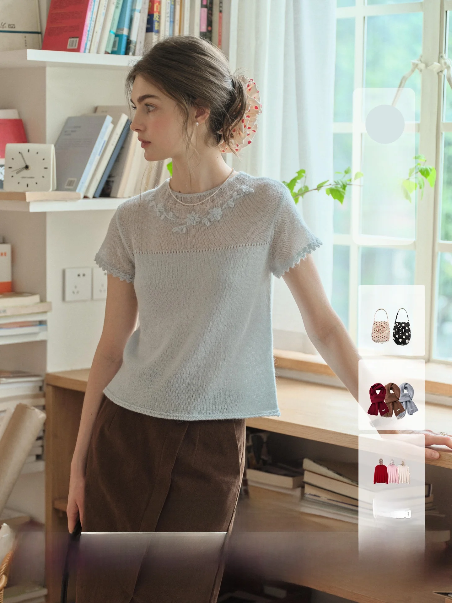 SimpleRetro Cloud Reply Hand Crocheted Short Sleeve Women's Knitted Sweater Embroidered Soft Style French Style Regular Fit