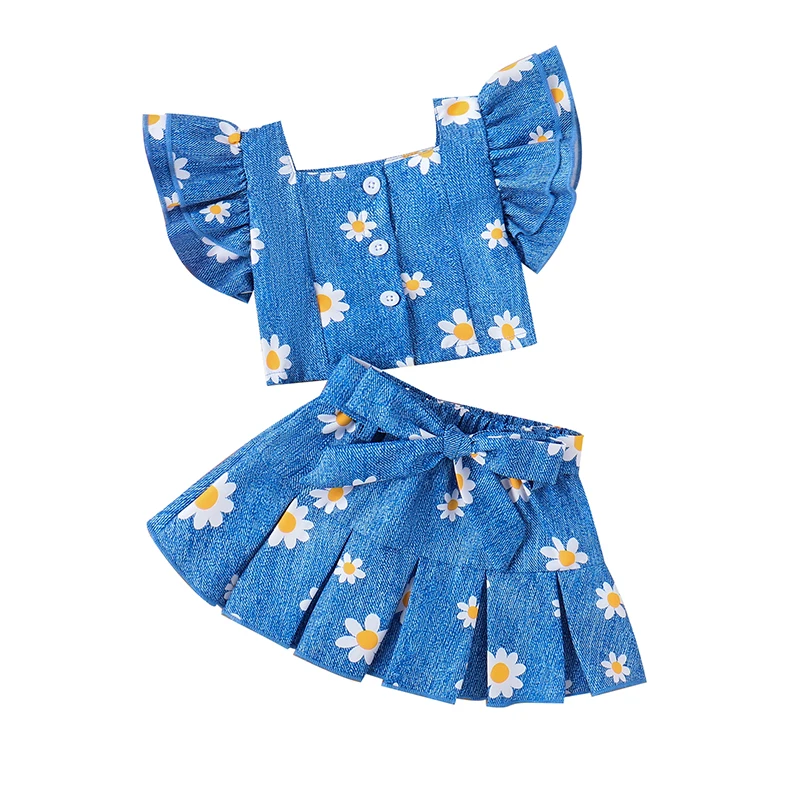 Toddler Baby Girl Clothes 6 9 12 18 24 Months Fly Sleeve Square Neck Top and Pleated A Line Skirt Set 2Pcs Daisy Outfits