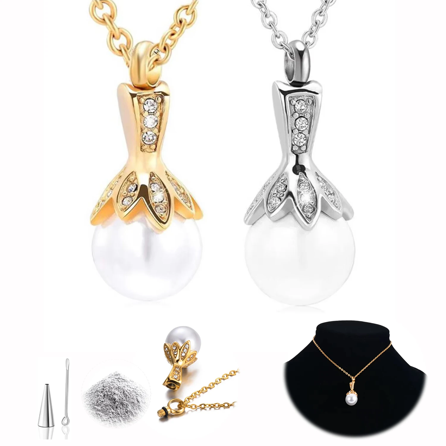 Exquisite Pearl Urn Necklace for Women Memorial Cremation Human Pet Ashes Perfumer Hair Stainless Steel Pendant Jewelry Gift